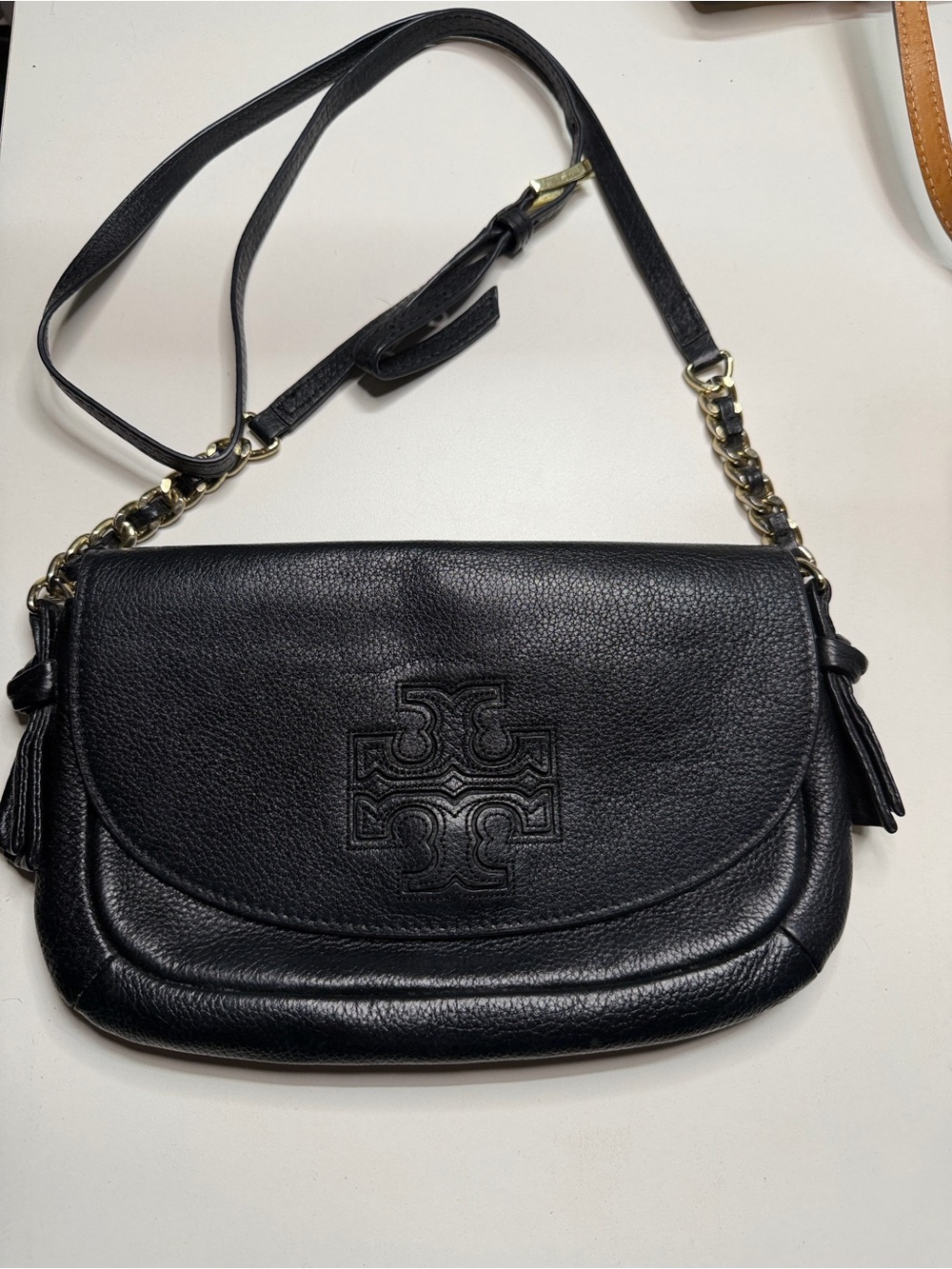 Tory Burch Black Leather Crossbody Bag with Embossed Medallion